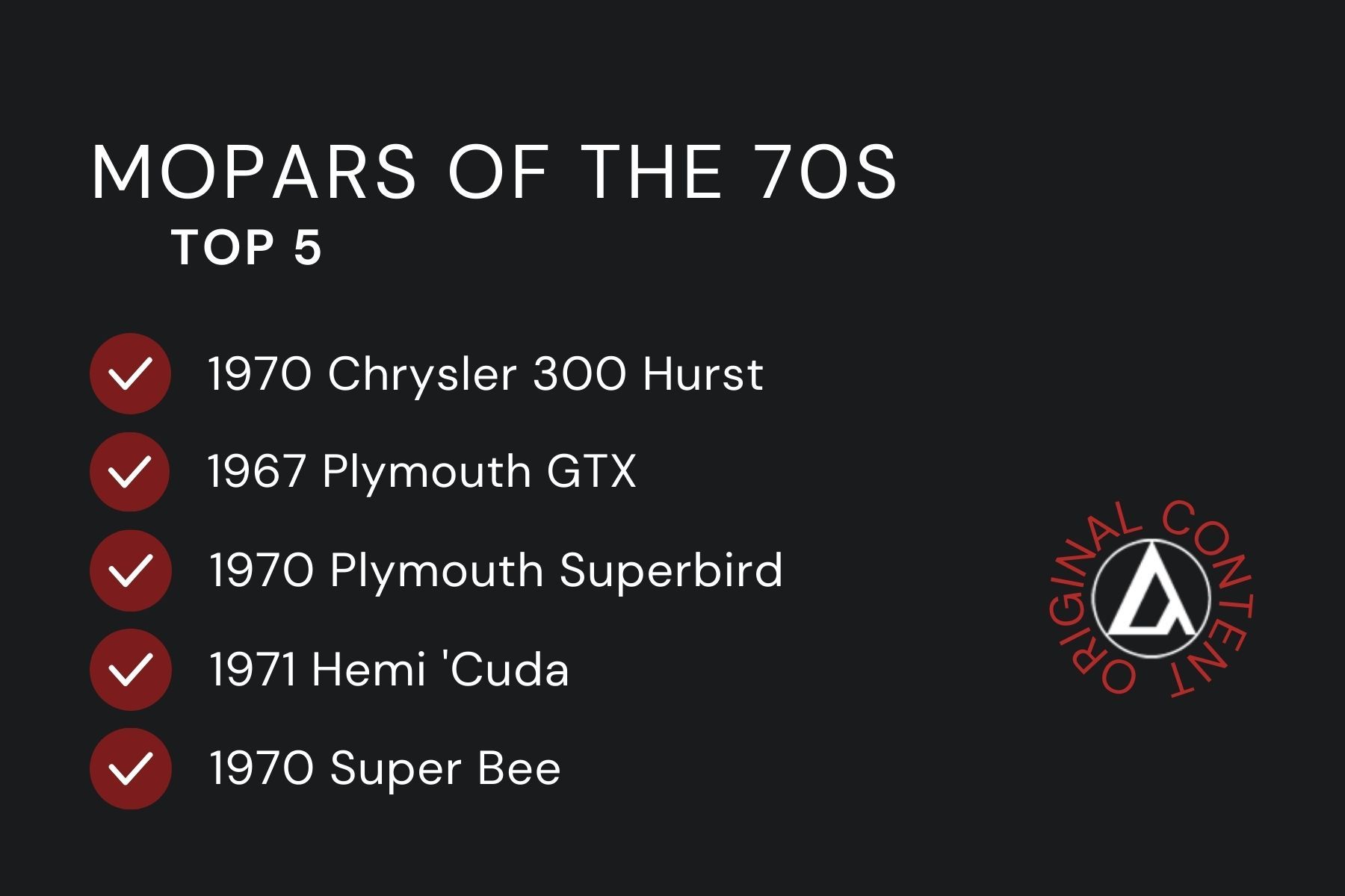 Top 5 MOPARS OF The 70s Top 5 MOPARS OF The 70s