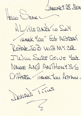 Hand Written Thank You Note To Anthonys Auto Craft