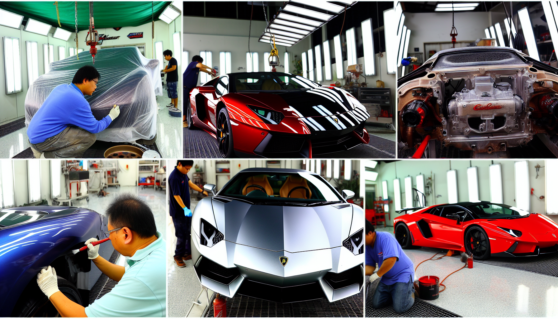 Italian exotic car body shop with luxury cars
