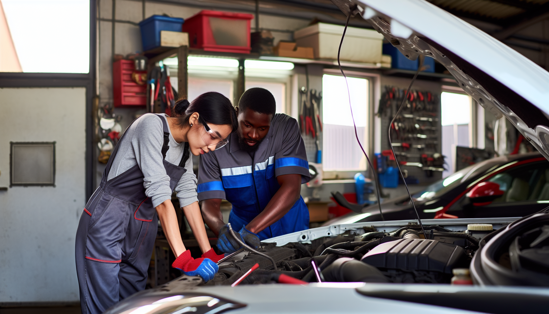 Certified technicians working on a car in an auto body shop