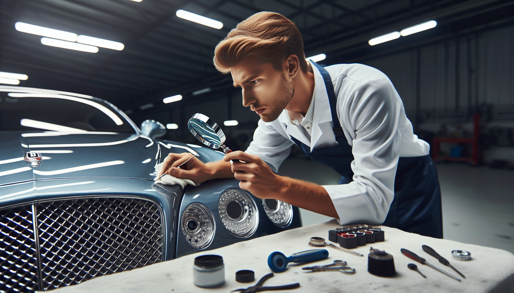 Certified technician working on a luxury vehicle