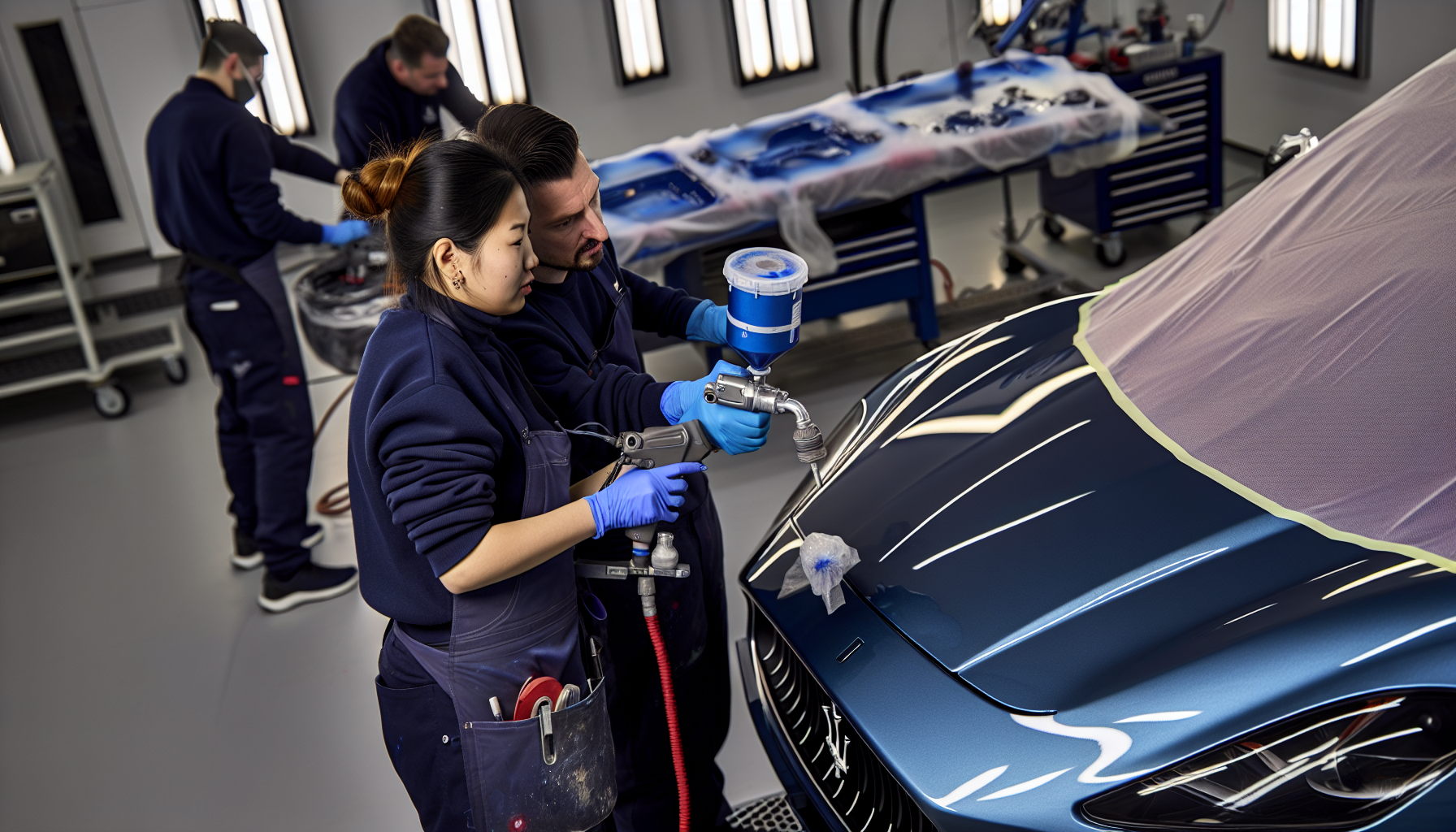Precision paint and dent repair in a Maserati body shop