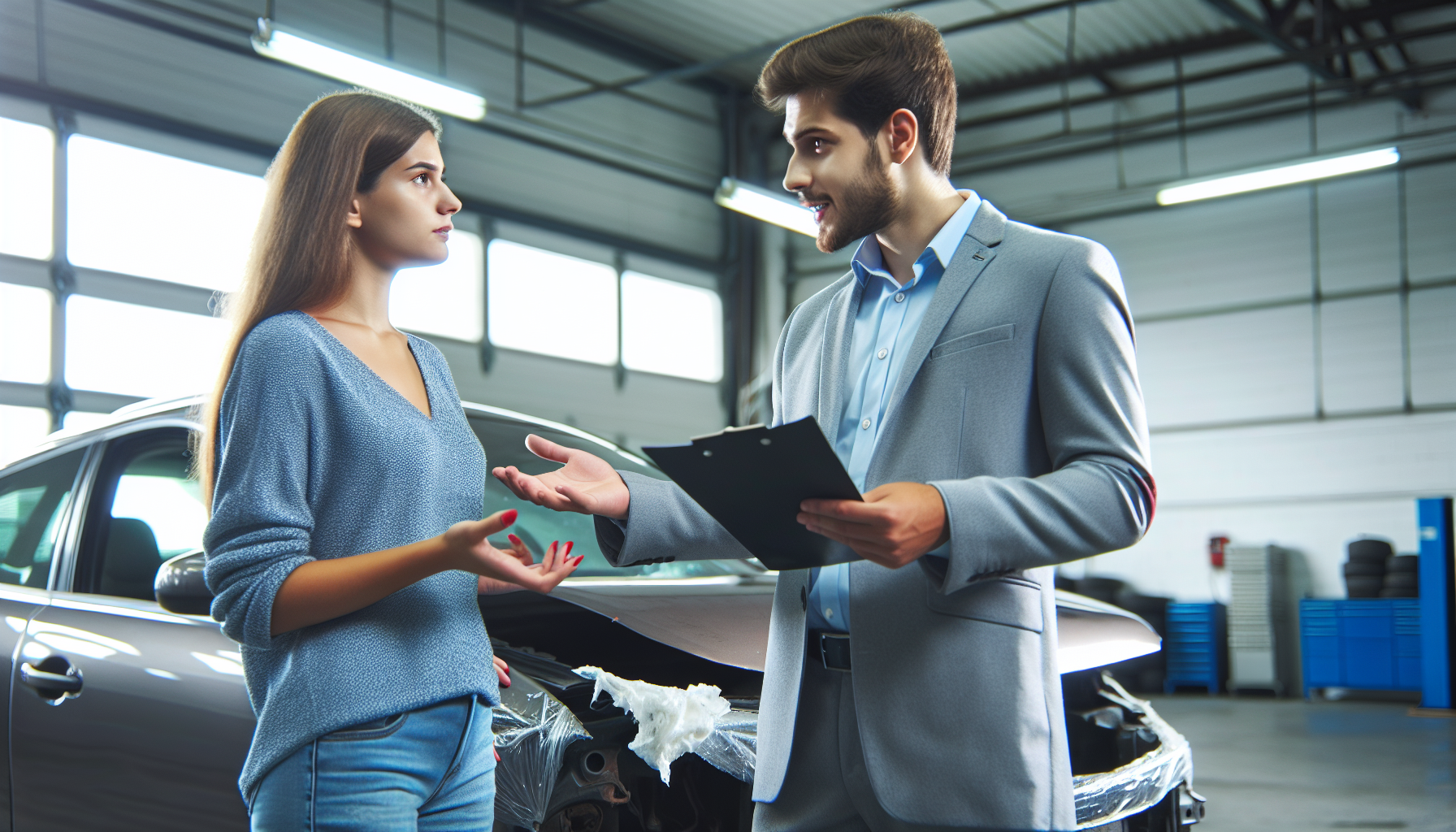 Customer discussing repair options and insurance coverage with an auto body shop representative