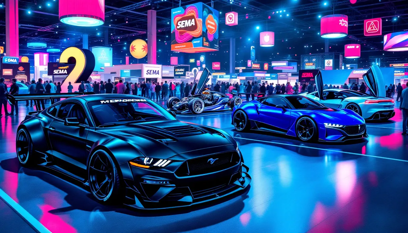 Exhibitors showcasing new products at the SEMA show.